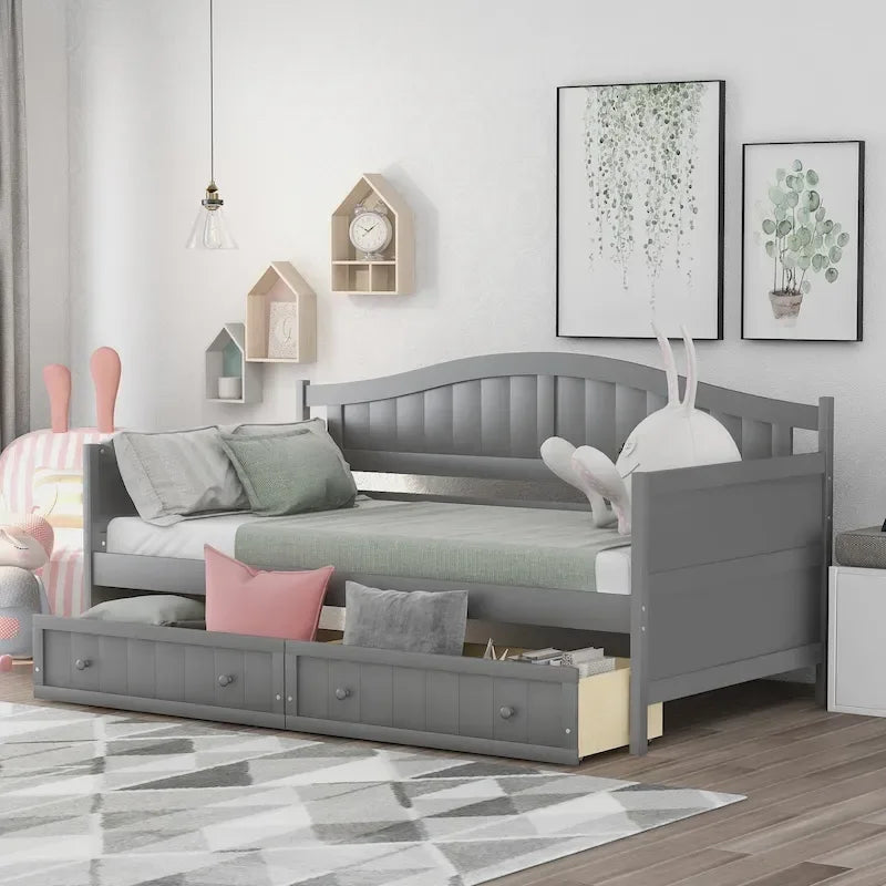 Twin Wooden Daybed with Storage Drawers and Trundle Bed