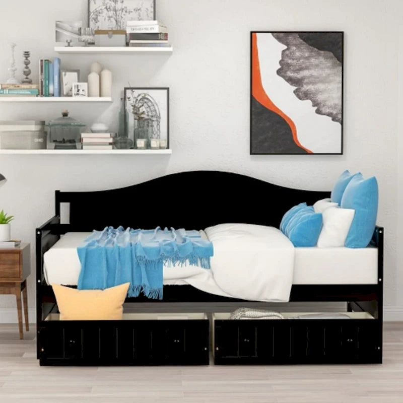 Twin Wooden Daybed with Storage Drawers and Trundle Bed