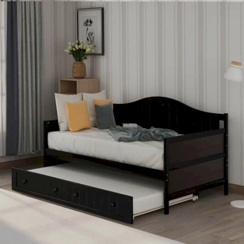 Twin Wooden Daybed with Storage Drawers and Trundle Bed