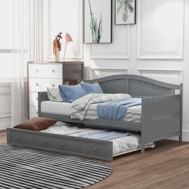 Twin Wooden Daybed with Storage Drawers and Trundle Bed