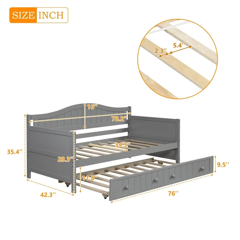 Twin Wooden Daybed with Storage Drawers and Trundle Bed