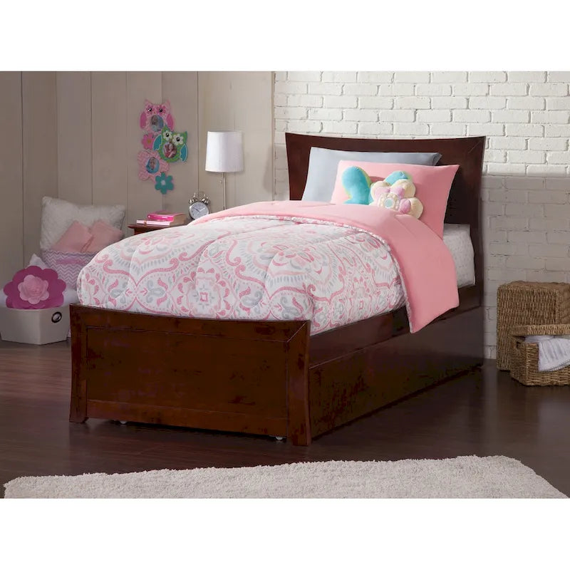 Solid Wood Platform Bed with Footboard Trundle Modern Bedroom Furniture