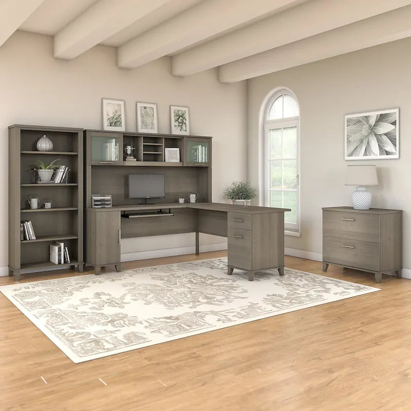 L Shaped Desk with Hutch, Cabinet and Bookcase in Gray