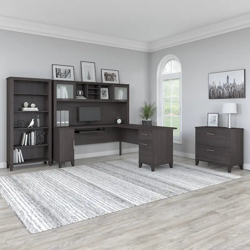 Bureau en L avec huche, armoire et bibliothèque, gris