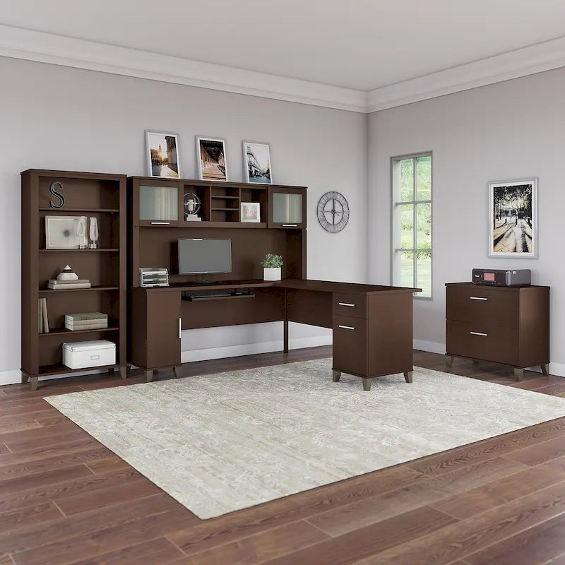 Bureau en L avec huche, armoire et bibliothèque, gris