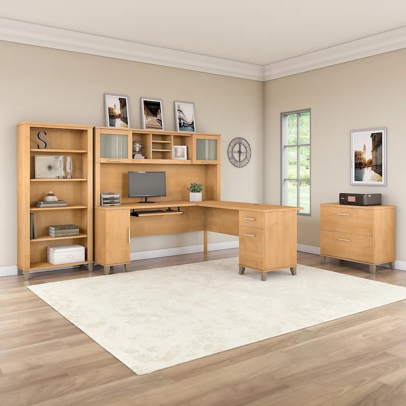 Bureau en L avec huche, armoire et bibliothèque, gris