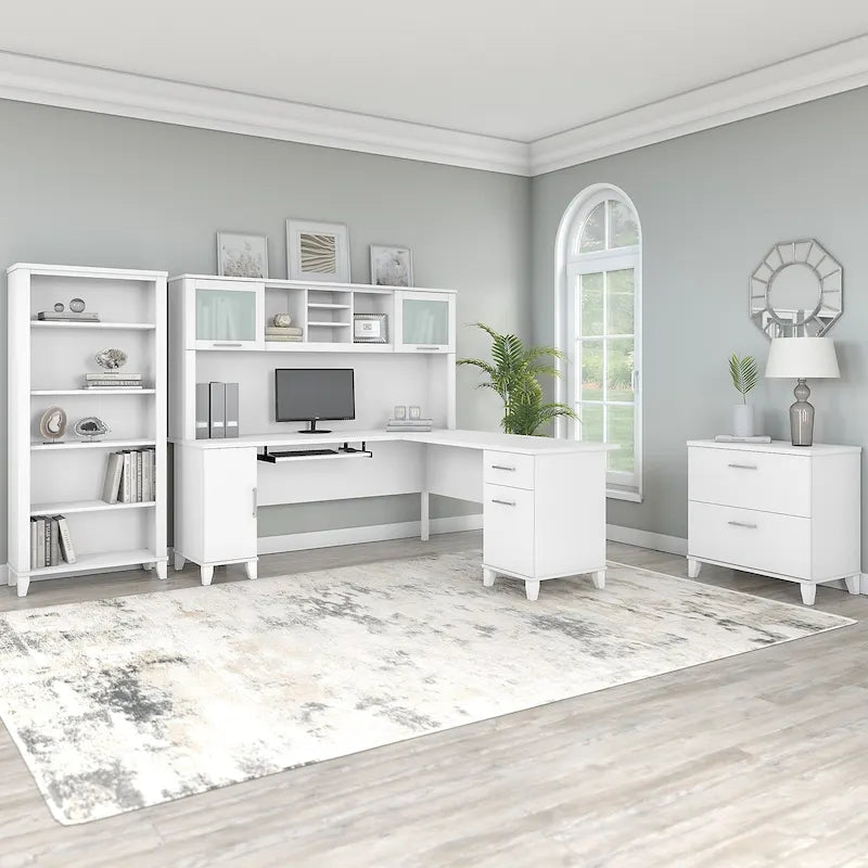 Bureau en L avec huche, armoire et bibliothèque, gris