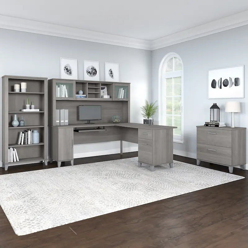 Bureau en L avec huche, armoire et bibliothèque, gris