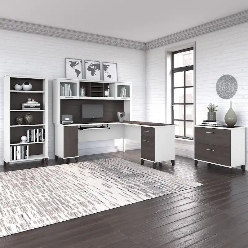 Bureau en L avec huche, armoire et bibliothèque, gris