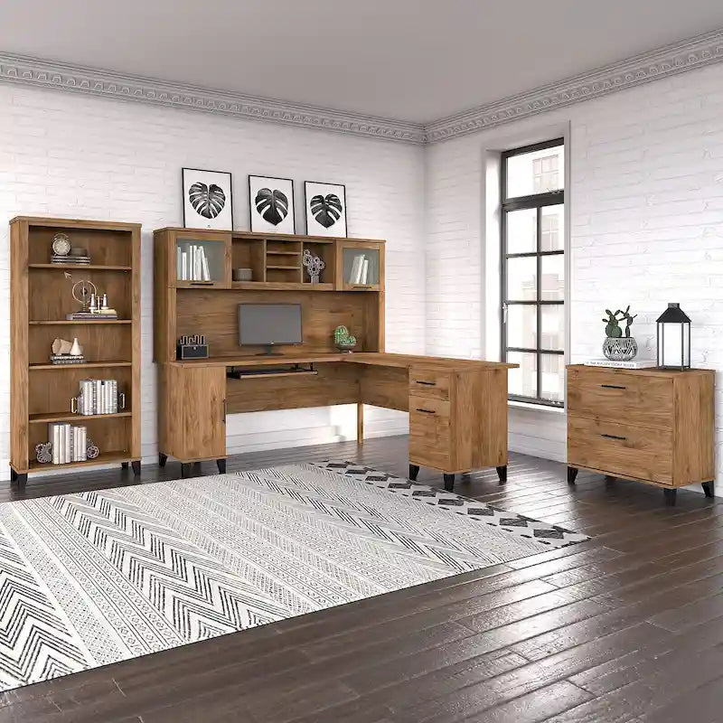 Bureau en L avec huche, armoire et bibliothèque, gris
