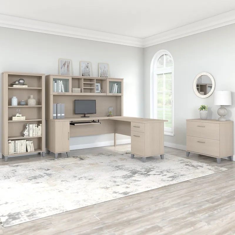 Bureau en L avec huche, armoire et bibliothèque, gris