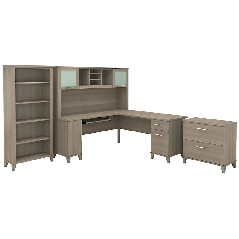 L Shaped Desk with Hutch, Cabinet and Bookcase in Gray