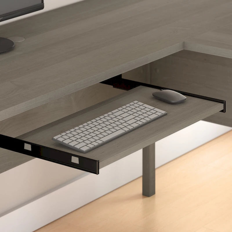 L Shaped Desk with Hutch, Cabinet and Bookcase in Gray