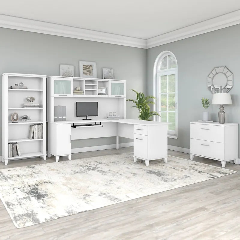 L Shaped Desk with Hutch, Cabinet and Bookcase in Gray