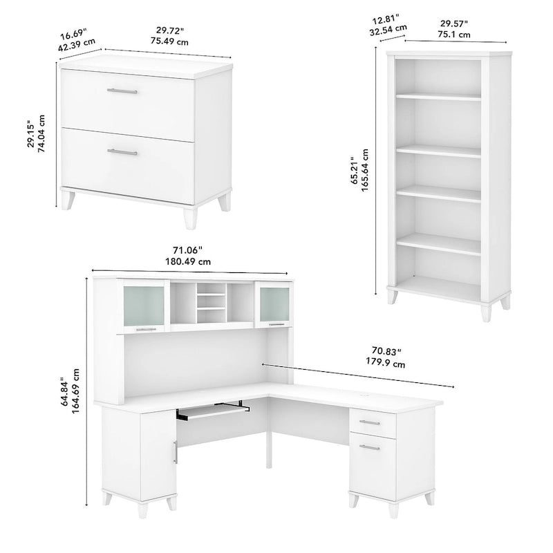 L Shaped Desk with Hutch, Cabinet and Bookcase in Gray