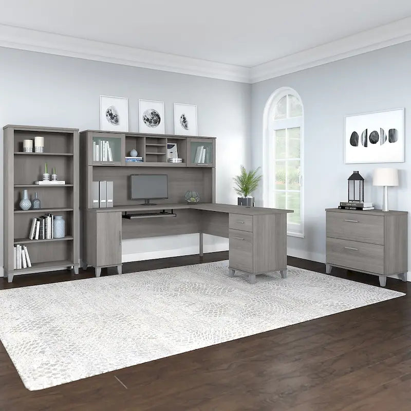L Shaped Desk with Hutch, Cabinet and Bookcase in Gray