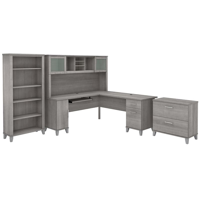 L Shaped Desk with Hutch, Cabinet and Bookcase in Gray