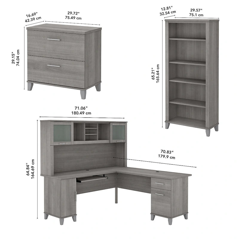 L Shaped Desk with Hutch, Cabinet and Bookcase in Gray