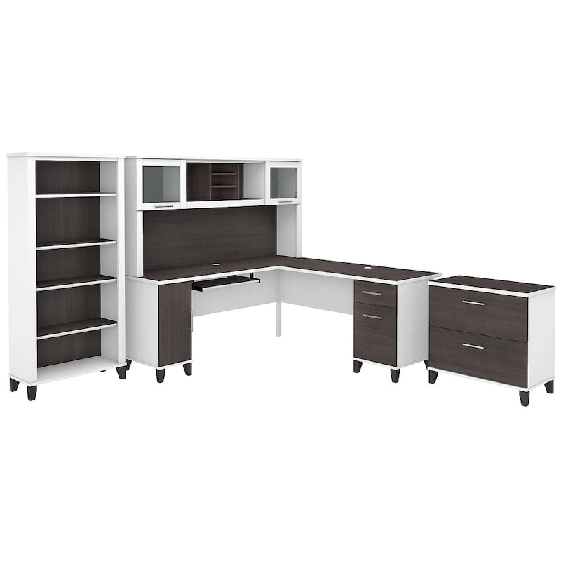 L Shaped Desk with Hutch, Cabinet and Bookcase in Gray
