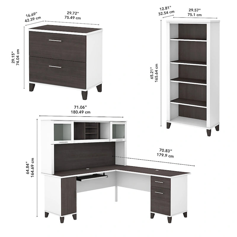 L Shaped Desk with Hutch, Cabinet and Bookcase in Gray