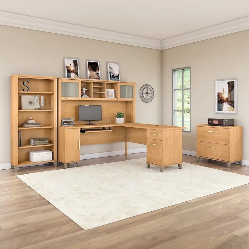 L Shaped Desk with Hutch, Cabinet and Bookcase in Gray
