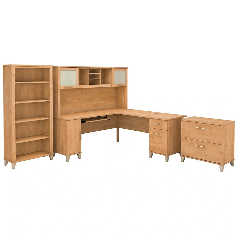L Shaped Desk with Hutch, Cabinet and Bookcase in Gray