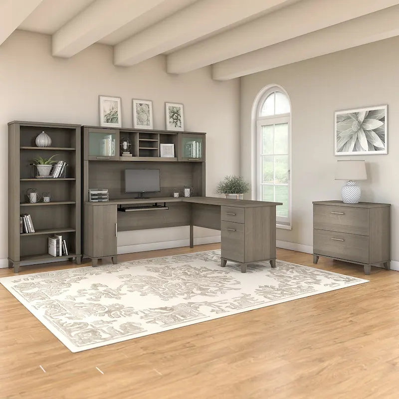 L Shaped Desk with Hutch, Cabinet and Bookcase in Gray