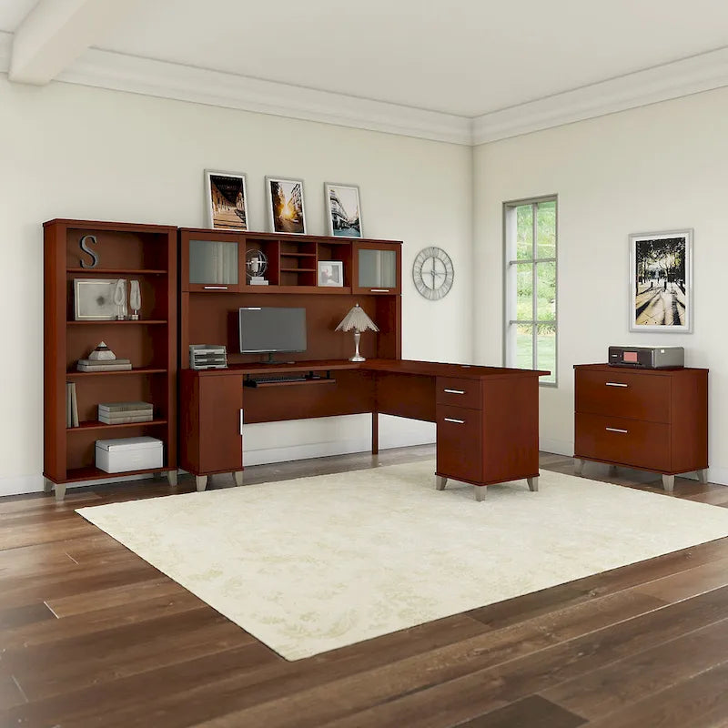 L Shaped Desk with Hutch, Cabinet and Bookcase in Gray