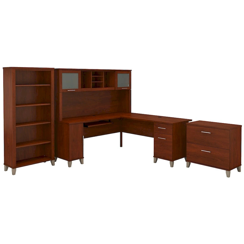 L Shaped Desk with Hutch, Cabinet and Bookcase in Gray