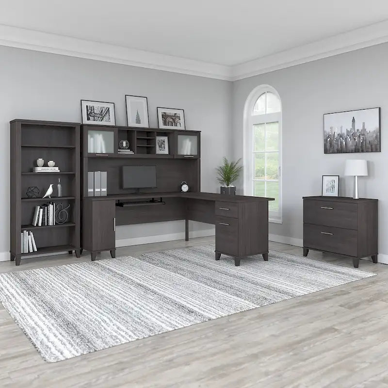 L Shaped Desk with Hutch, Cabinet and Bookcase in Gray