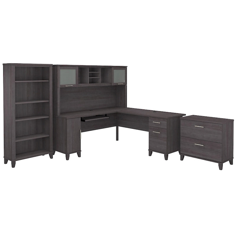 L Shaped Desk with Hutch, Cabinet and Bookcase in Gray