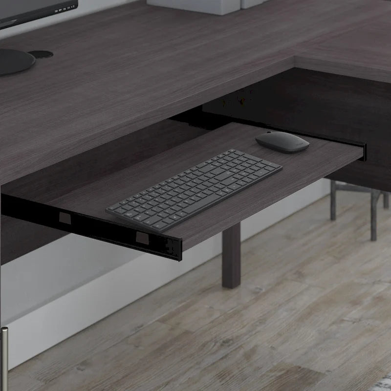 L Shaped Desk with Hutch, Cabinet and Bookcase in Gray