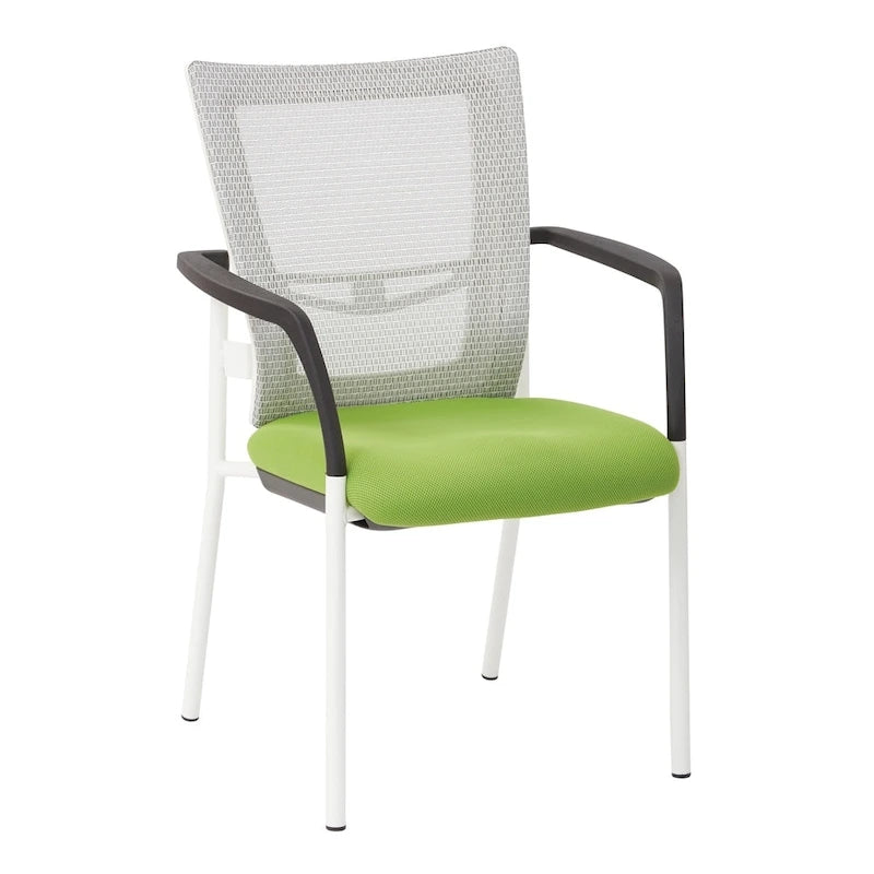 Mesh Back with Padded Black Fabric Seat Visitors Chair with Arms and White Frame