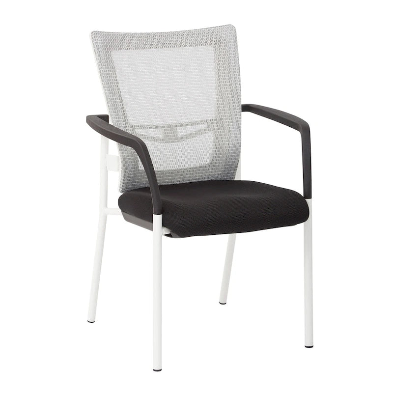 Mesh Back with Padded Black Fabric Seat Visitors Chair with Arms and White Frame