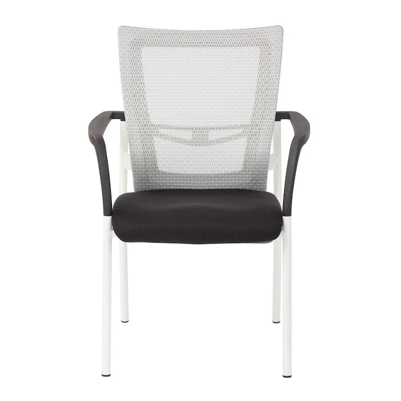 Mesh Back with Padded Black Fabric Seat Visitors Chair with Arms and White Frame