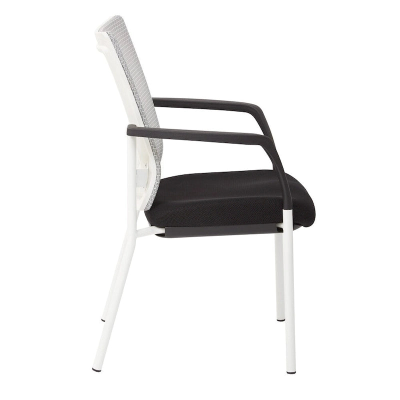 Mesh Back with Padded Black Fabric Seat Visitors Chair with Arms and White Frame