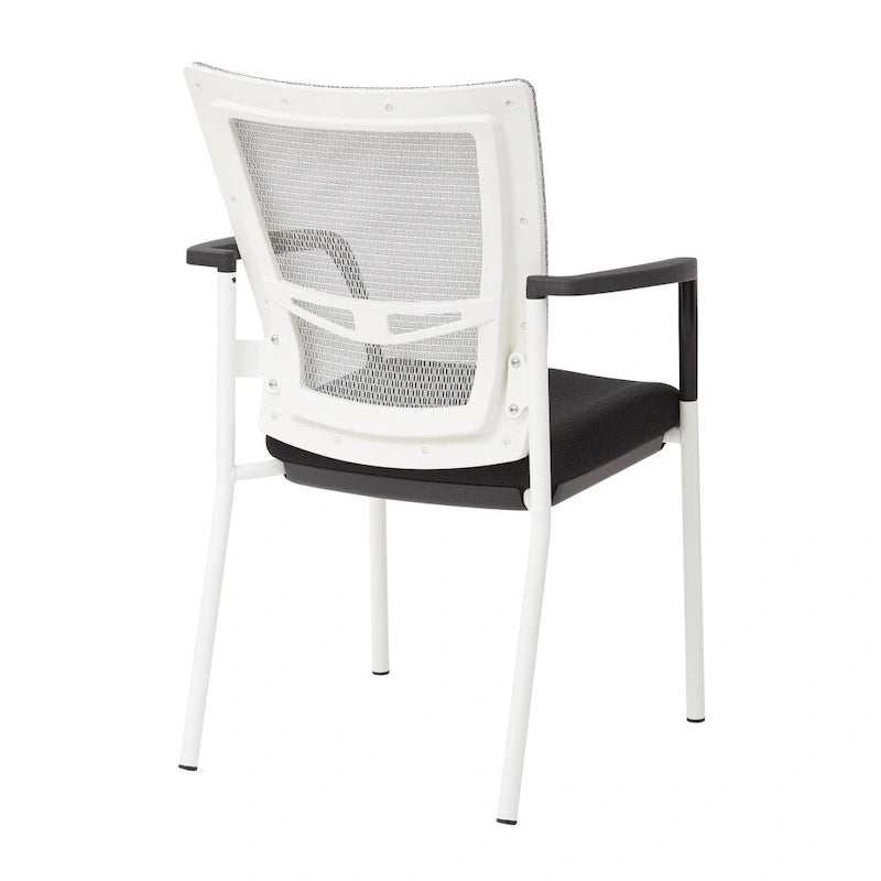 Mesh Back with Padded Black Fabric Seat Visitors Chair with Arms and White Frame