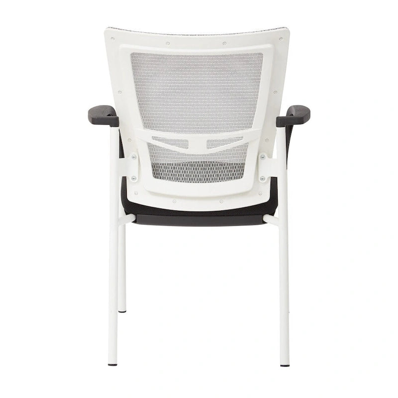 Mesh Back with Padded Black Fabric Seat Visitors Chair with Arms and White Frame