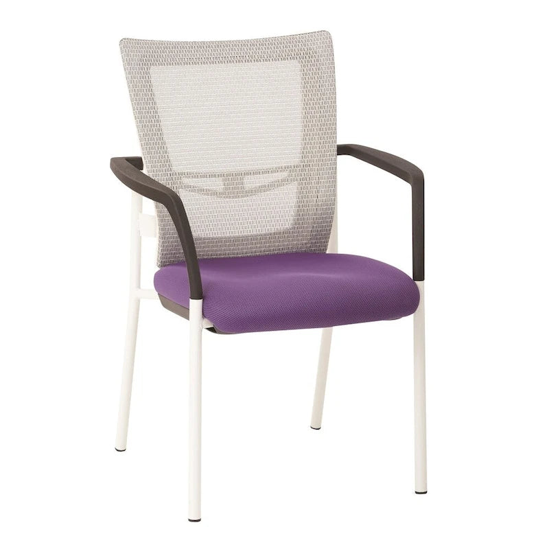 Mesh Back with Padded Black Fabric Seat Visitors Chair with Arms and White Frame