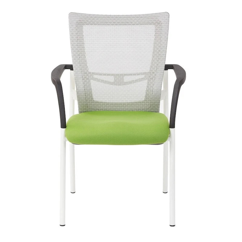 Mesh Back with Padded Black Fabric Seat Visitors Chair with Arms and White Frame