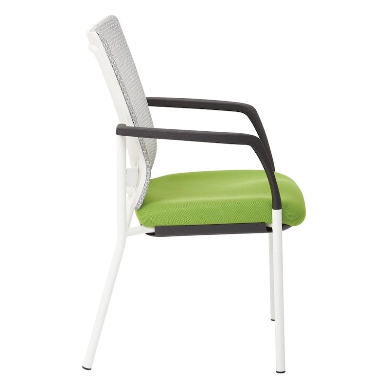 Mesh Back with Padded Black Fabric Seat Visitors Chair with Arms and White Frame