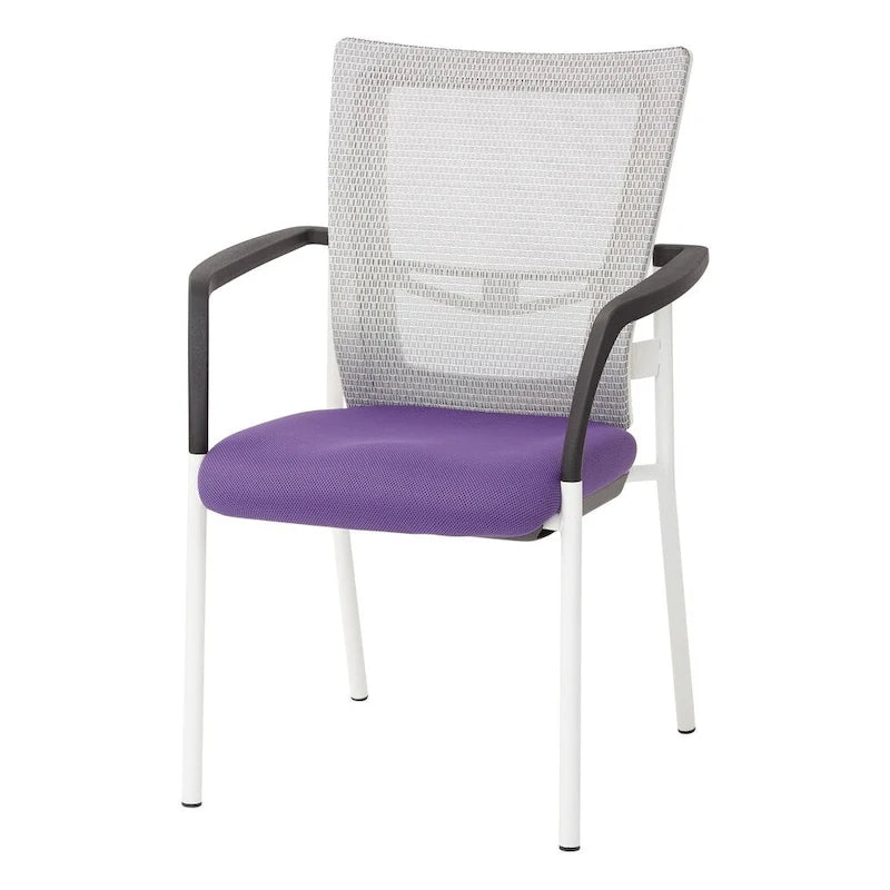 Mesh Back with Padded Black Fabric Seat Visitors Chair with Arms and White Frame