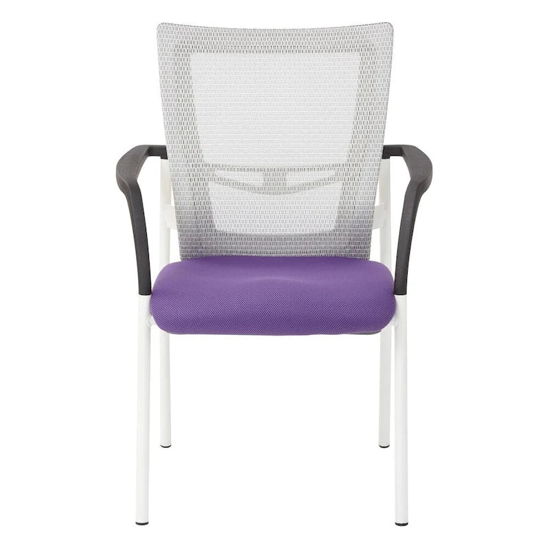 Mesh Back with Padded Black Fabric Seat Visitors Chair with Arms and White Frame