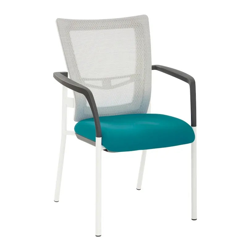 Mesh Back with Padded Black Fabric Seat Visitors Chair with Arms and White Frame