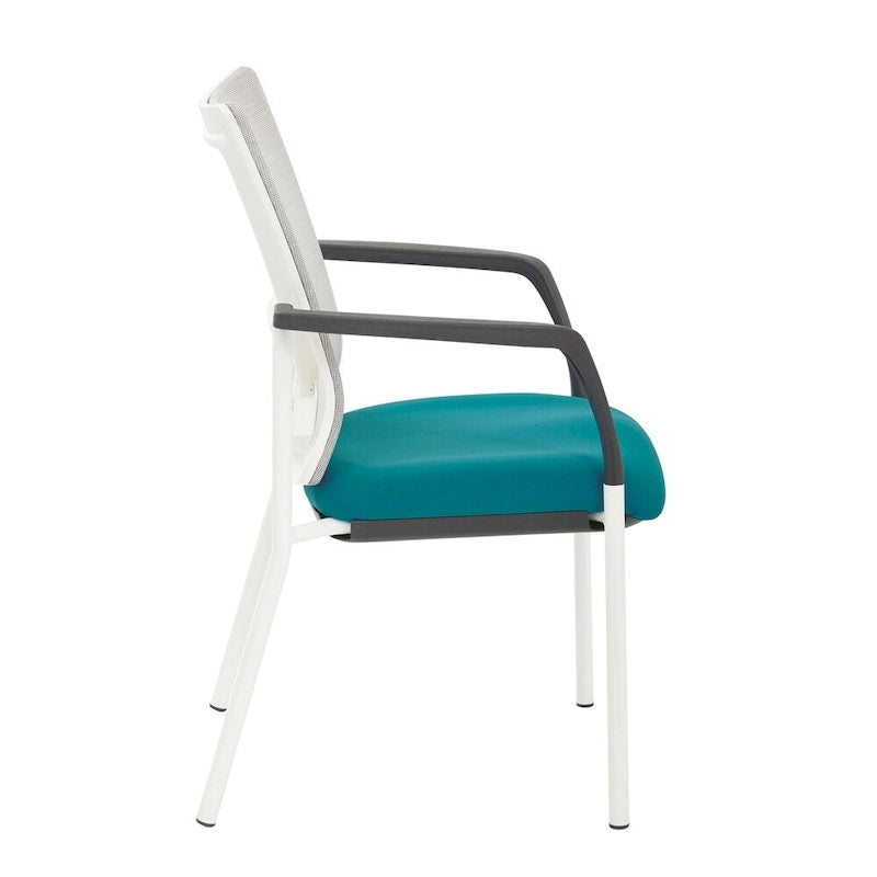 Mesh Back with Padded Black Fabric Seat Visitors Chair with Arms and White Frame