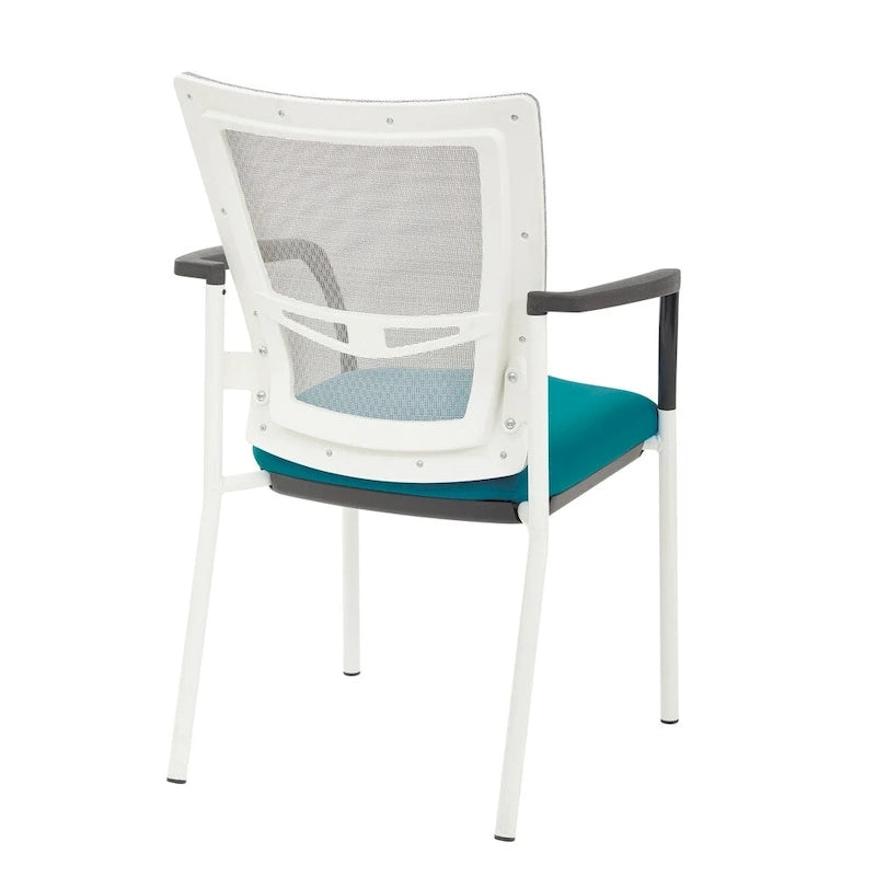 Mesh Back with Padded Black Fabric Seat Visitors Chair with Arms and White Frame