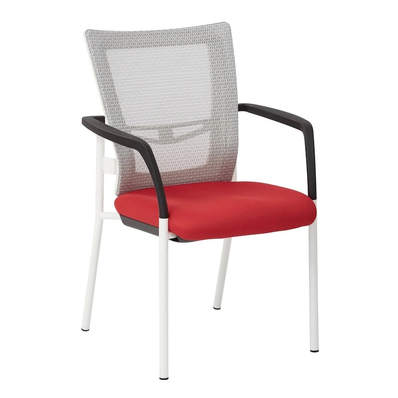 Mesh Back with Padded Black Fabric Seat Visitors Chair with Arms and White Frame