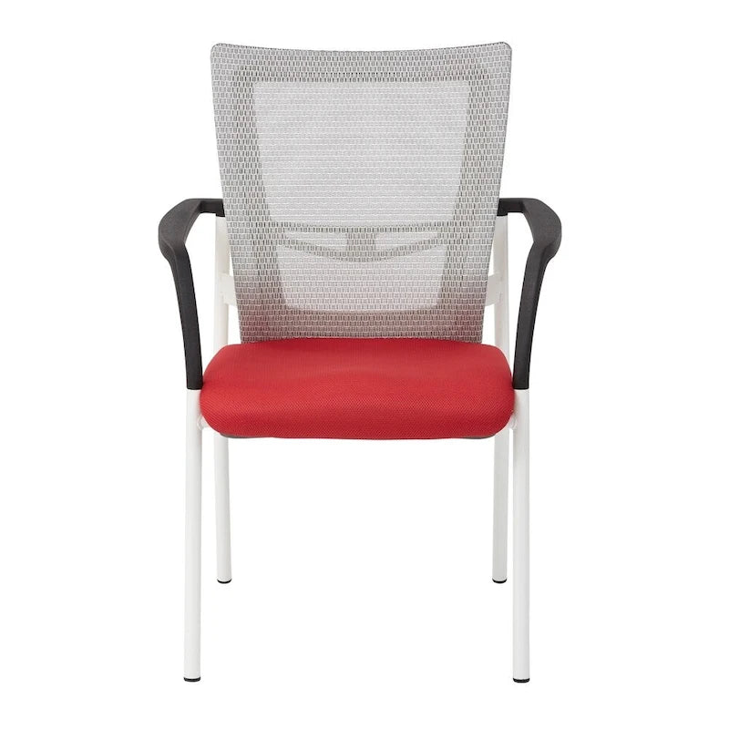 Mesh Back with Padded Black Fabric Seat Visitors Chair with Arms and White Frame