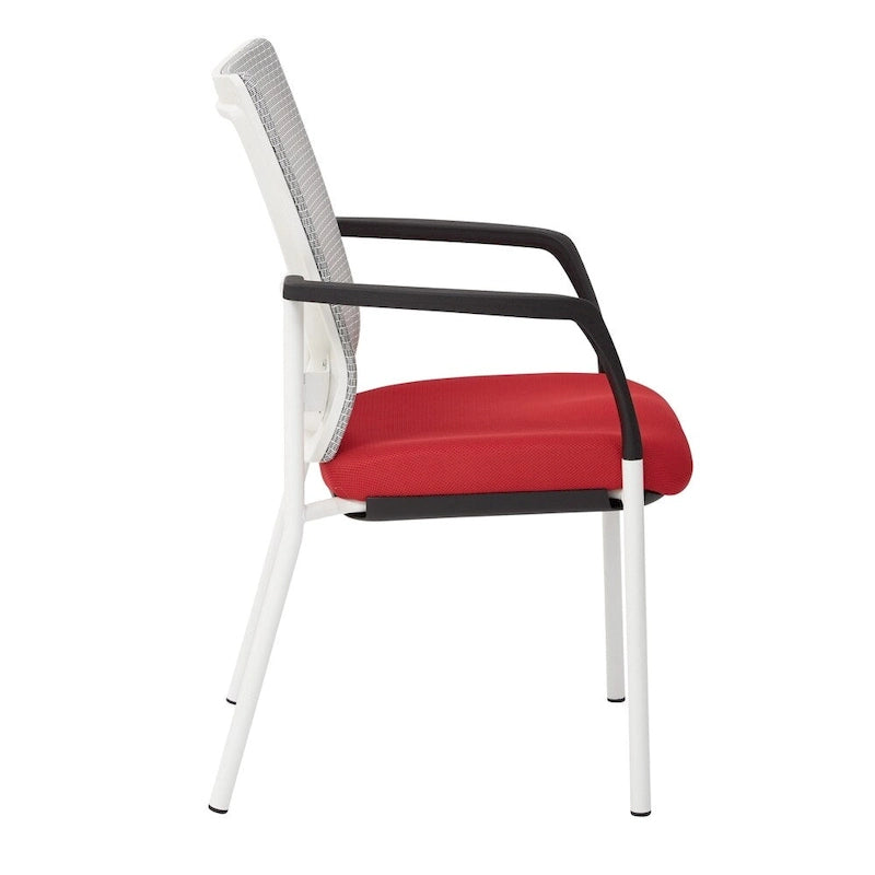 Mesh Back with Padded Black Fabric Seat Visitors Chair with Arms and White Frame