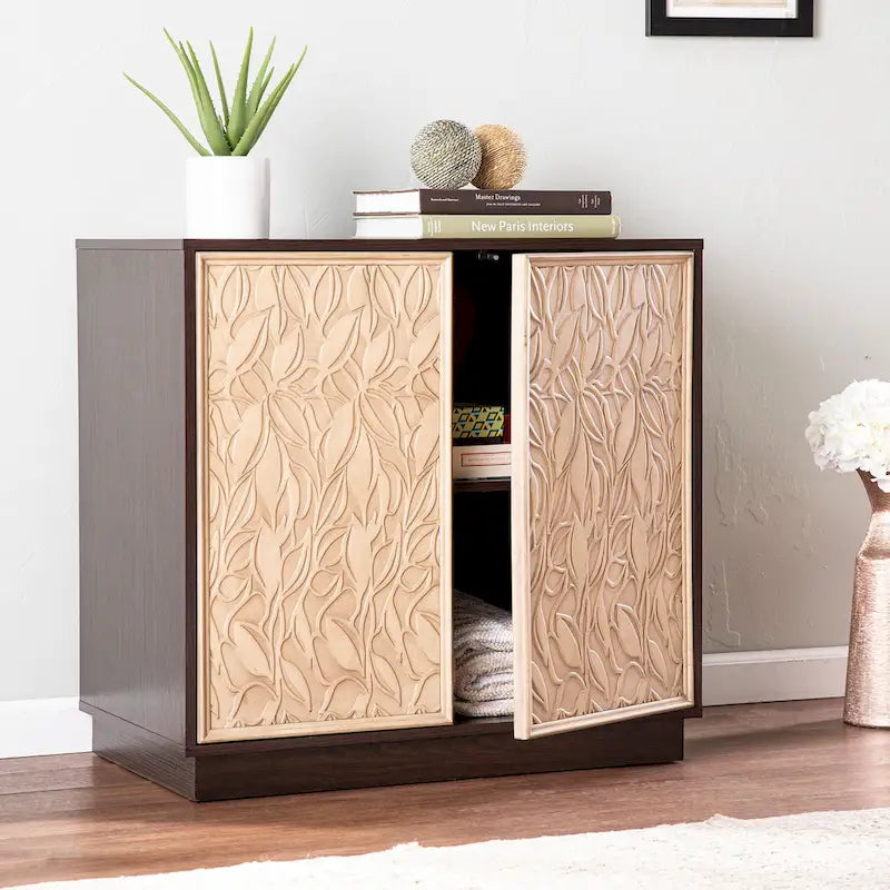 Transitional Style Brown and Cream Two-Door Wood Storage Cabinet